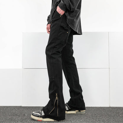 Men Jeans Casual Pants Zipper Cargo Pants Straight Bootleg Pants