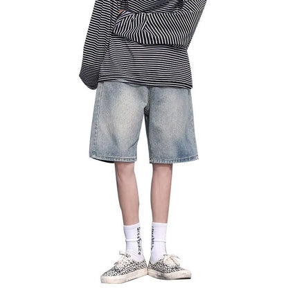 Men Jeans Retro Denim Shorts Men's Summer Washed Middle Pants Straight Wide Pants