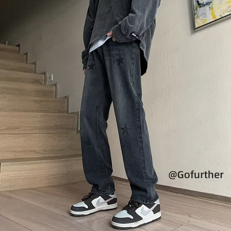 Men Jeans XINGX Printed Jeans Washed Straight Broken Holes Pants