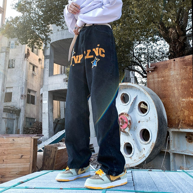 Men Jeans Embroidered Jeans Men's Summer Loose Wide Leg Pants Straight-Leg Trousers