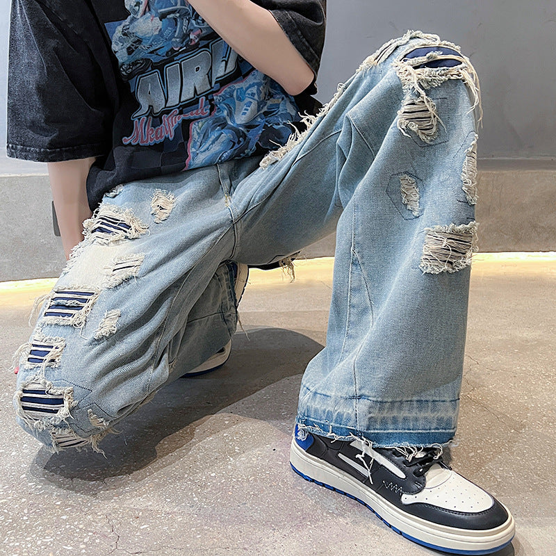 Men Jeans Ripped Jeans Men's Summer Straight-Leg Pants Loose Wide Leg Pants