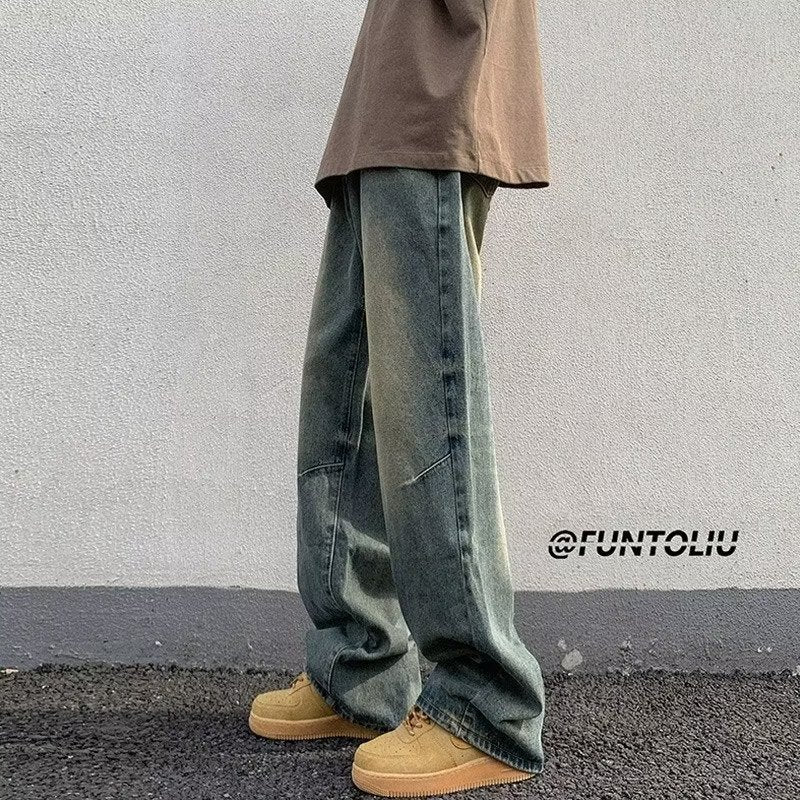 Men Jeans Washed Worn Jeans Loose Wide-Leg Straight Pants