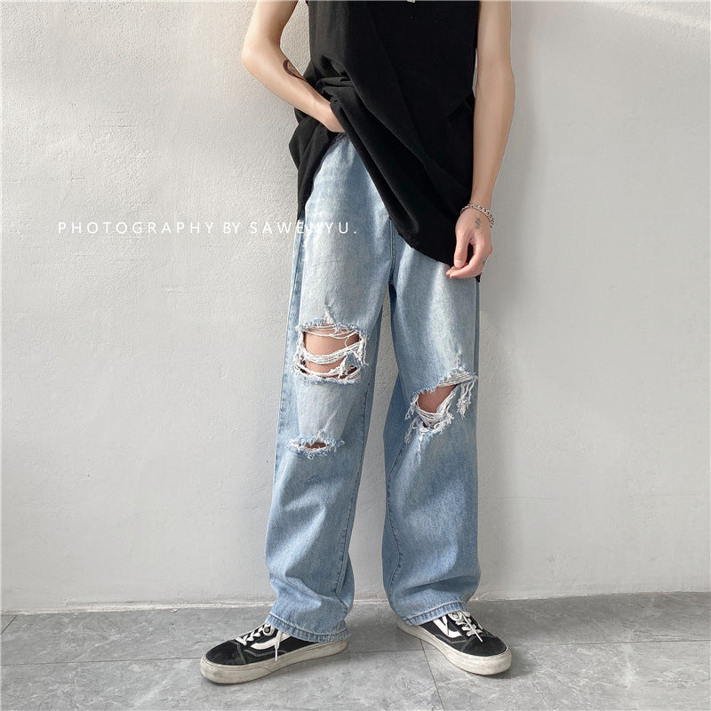 Men Jeans Ripped Jeans Hip Hop Summer Straight-Leg Pants