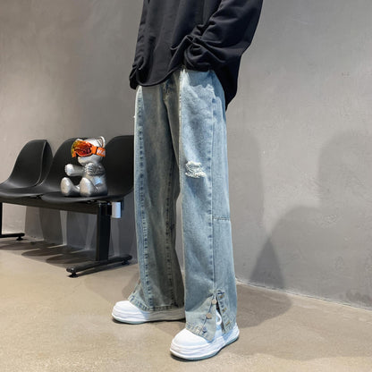 Men Jeans Letter Embroidered Jeans Men's Spring Hip Hop Hiphop Baggy Straight Trousers