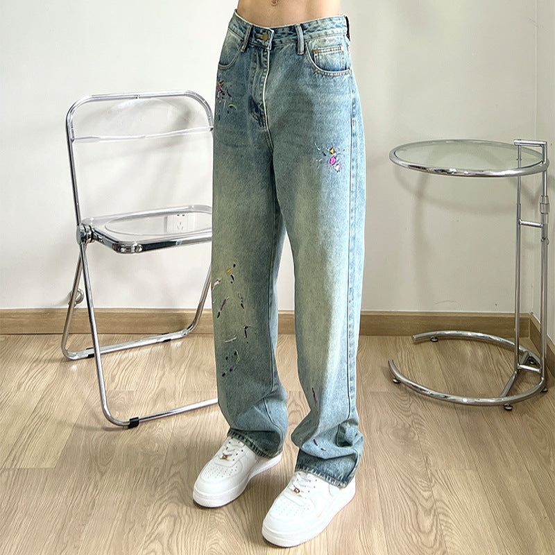 Men Jeans Embroidered Washed Loose Straight Jeans Casual Hip Hop Trousers