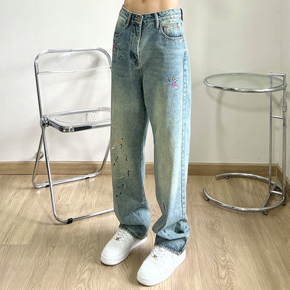 Men Jeans Embroidered Washed Loose Straight Jeans Casual Hip Hop Trousers