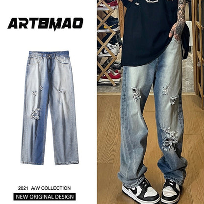 Men Jeans Ripped Jeans Men's Summer Worn Looking Washed-out Retro Straight-Leg Wide-Leg Pants