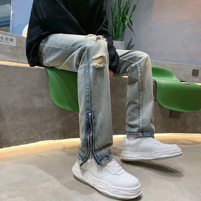 Men Jeans Ripped Jeans Summer Zipper Pants