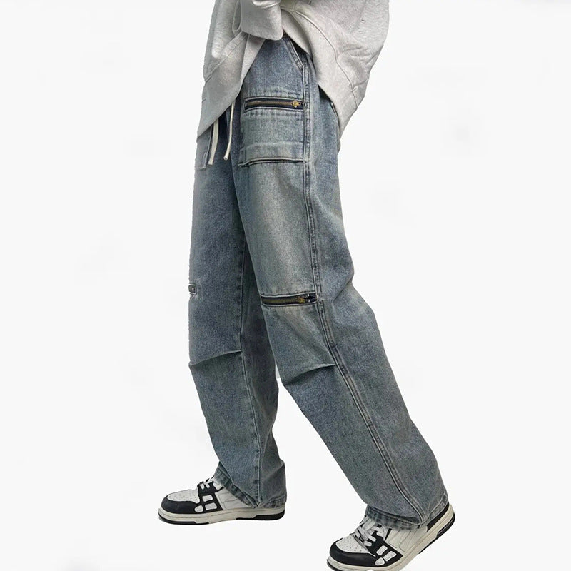 Men Jeans Spring and Autumn Vintage Zipper Loose Straight Wide Leg Straight Casual Trousers