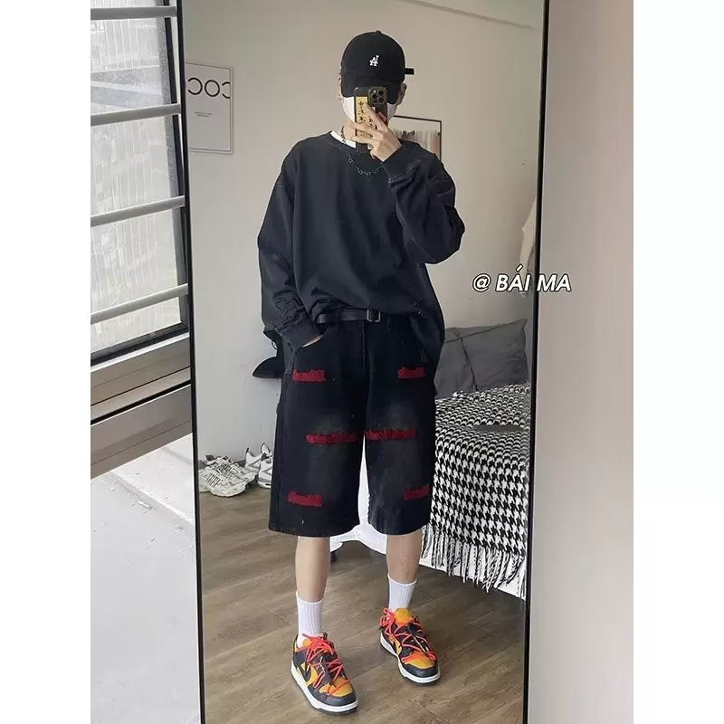 Men Jeans Embroidered Denim Shorts Summer Washed Shorts