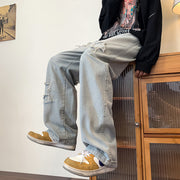 Men Jeans Ripped Washed Jeans Spring and Autumn Loose Straight Wide-Leg Pants
