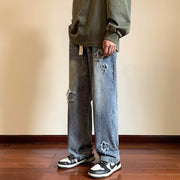 Men Jeans Vintage Patch Straight-Leg Pants Spring Baggy Pants