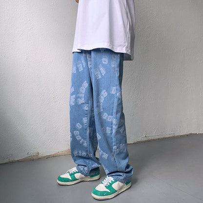 Men Jeans Summer Loose Printed Trousers Casual Wide Leg Pants