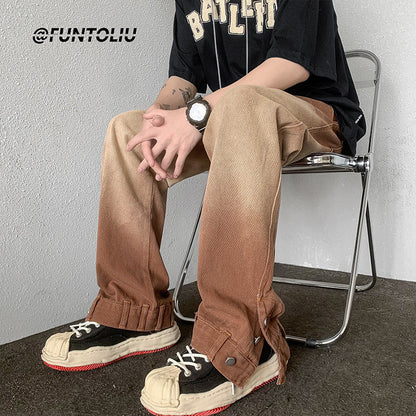 Men Jeans Retro Tie-Dyed Jeans Loose Straight Casual Pants