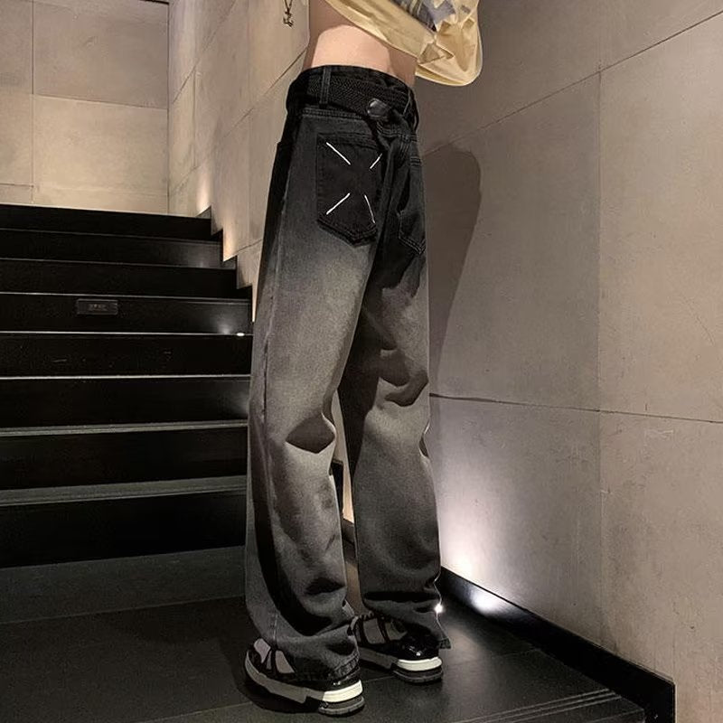 Men Jeans Vintage Black Tie-Dyed Jeans Oversize Wide-Leg Straight Pants