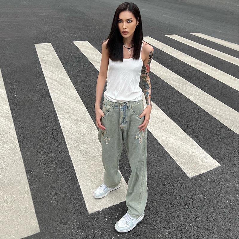 Men Jeans Retro Washed Cross Embroidered Jeans