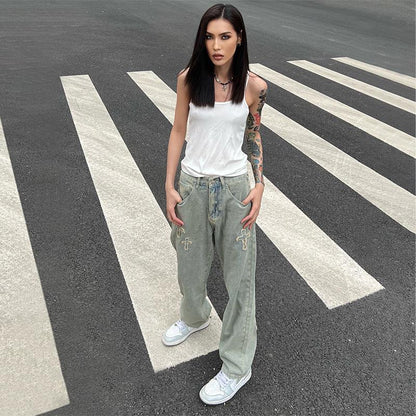 Men Jeans Retro Washed Cross Embroidered Jeans