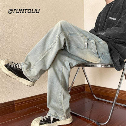 Men Jeans Vintage Brown Jeans Men's Autumn Loose Straight Wide Leg Pants