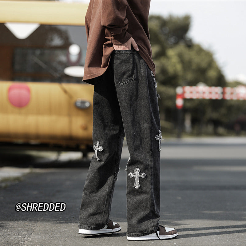 Men Jeans Cross Labeling Vintage Jeans Autumn Leisure Straight-Leg Pants