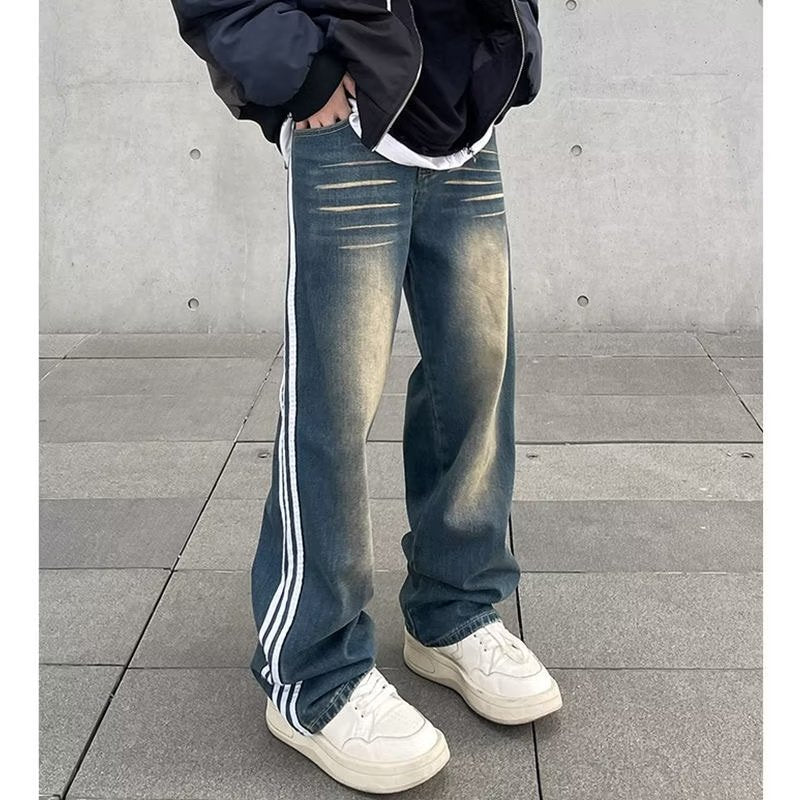 Men Jeans Retro Washed Distressed Loose Straight Jeans