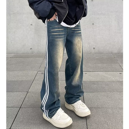 Men Jeans Retro Washed Distressed Loose Straight Jeans