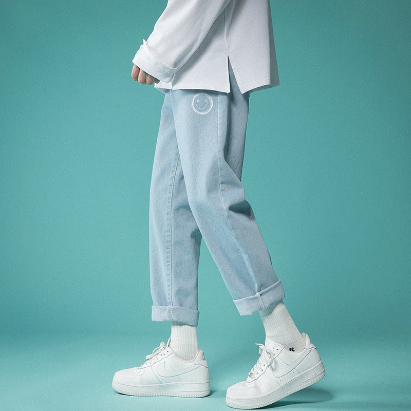 Men Jeans Summer Light-Colored Loose Straight Casual Pants