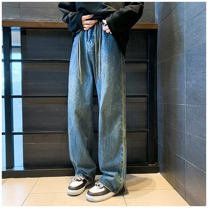 Men Jeans Retro Washed Jeans Men's Spring and Autumn Loose Wide-Leg Straight Trousers