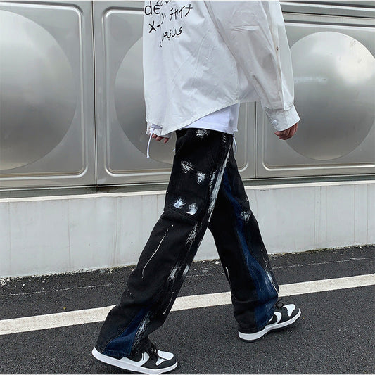 Men Jeans Retro Patchwork Loose Casual Pants