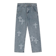 Men Jeans Cross Patchwork Jeans Hip Hop Straight Loose-Fitting Wide-Leg Trousers