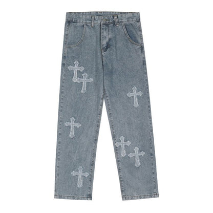 Men Jeans Cross Patchwork Jeans Hip Hop Straight Loose-Fitting Wide-Leg Trousers