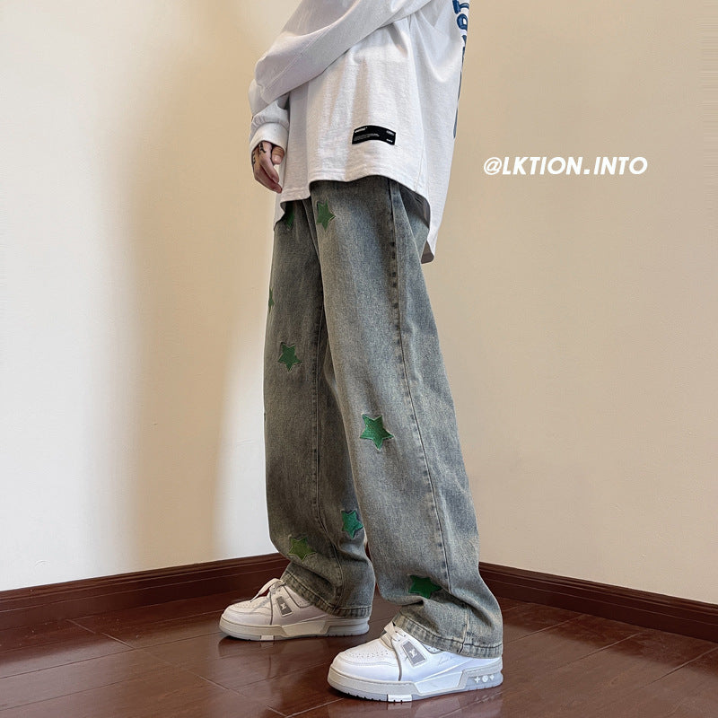 Men Jeans Embroidered Jeans Men's Autumn Oversize Straight-Leg Pants