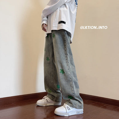 Men Jeans Embroidered Jeans Men's Autumn Oversize Straight-Leg Pants