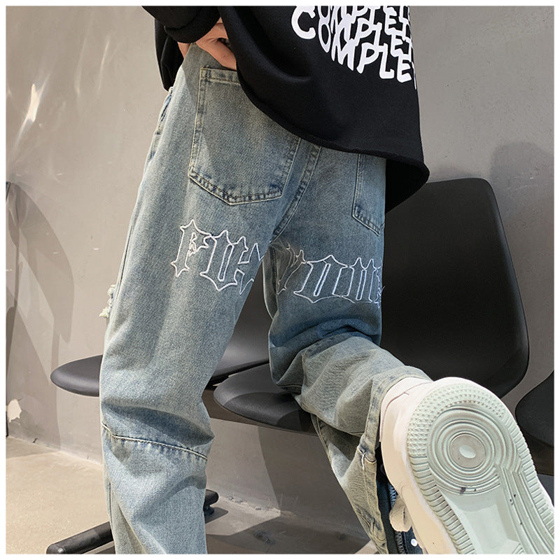 Men Jeans Ripped Jeans Men's Summer Letter Embroidery Slit Loose Straight Casual Trousers
