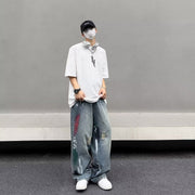 Men Jeans Water Washed Hole Jeans Men's Summer Loose Wide-Leg Straight Pants