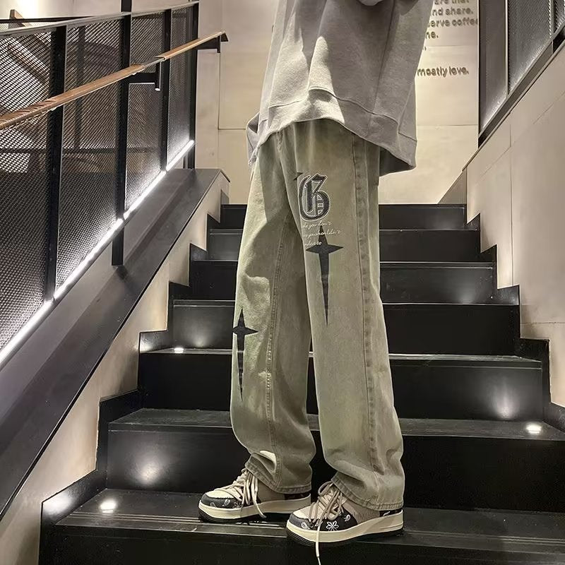 Men Jeans American Vintage Embroidered Jeans Baggy Straight Trousers