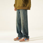 Men Jeans Washed Worn Jeans Men's Straight-Leg Trousers Wide Leg Pants