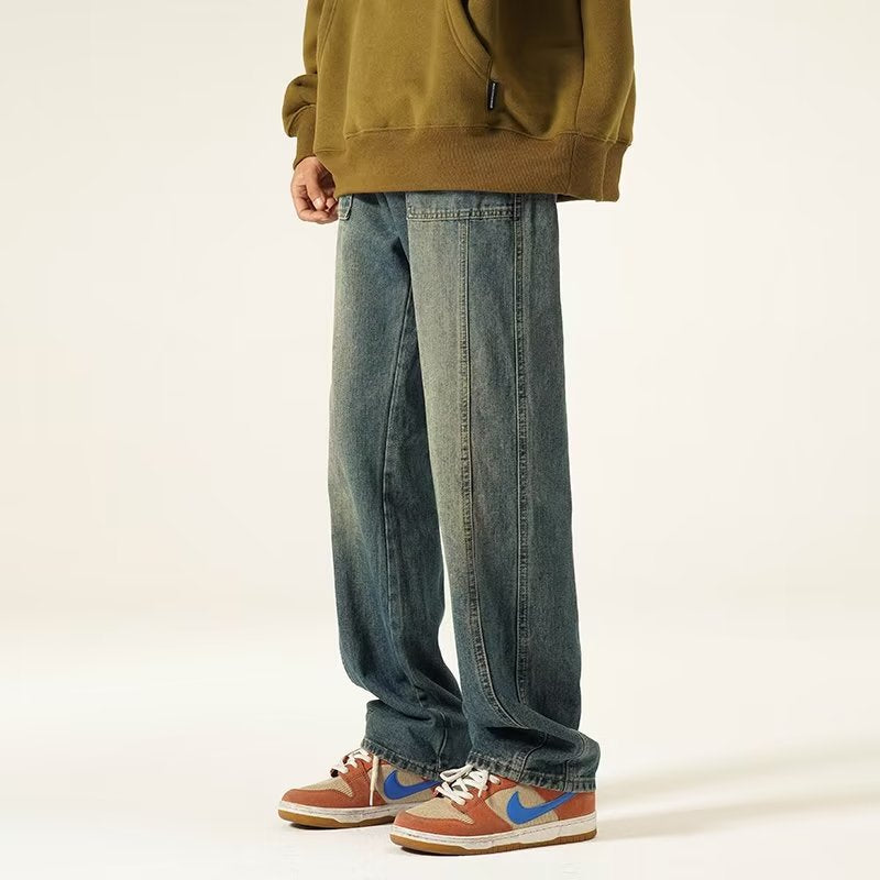 Men Jeans Washed Worn Jeans Men's Straight-Leg Trousers Wide Leg Pants