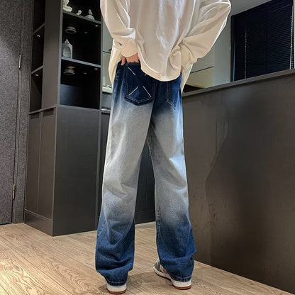 Men Jeans Vintage Black Tie-Dyed Jeans Oversize Wide-Leg Straight Pants