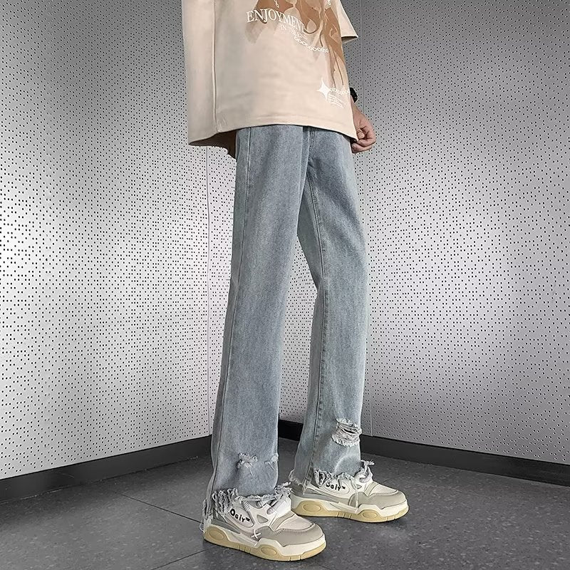 Men Jeans Raw Hem Ripped Skinny Jeans Summer Baggy Straight Trousers