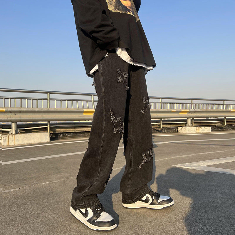 Men Jeans Spring Straight-Leg Pants Hip Hop Wide Leg Trousers