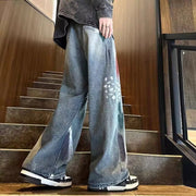 Men Jeans Men's Autumn Washed Distressed Wide-Leg Pants Loose Straight Casual Trousers