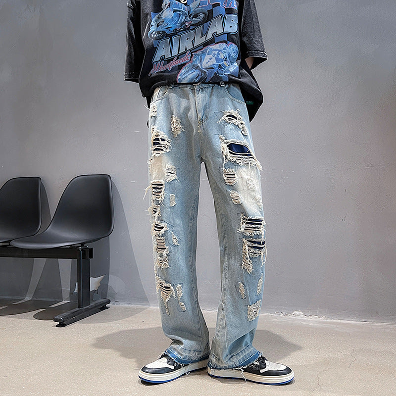 Men Jeans Ripped Jeans Men's Summer Straight-Leg Pants Loose Wide Leg Pants