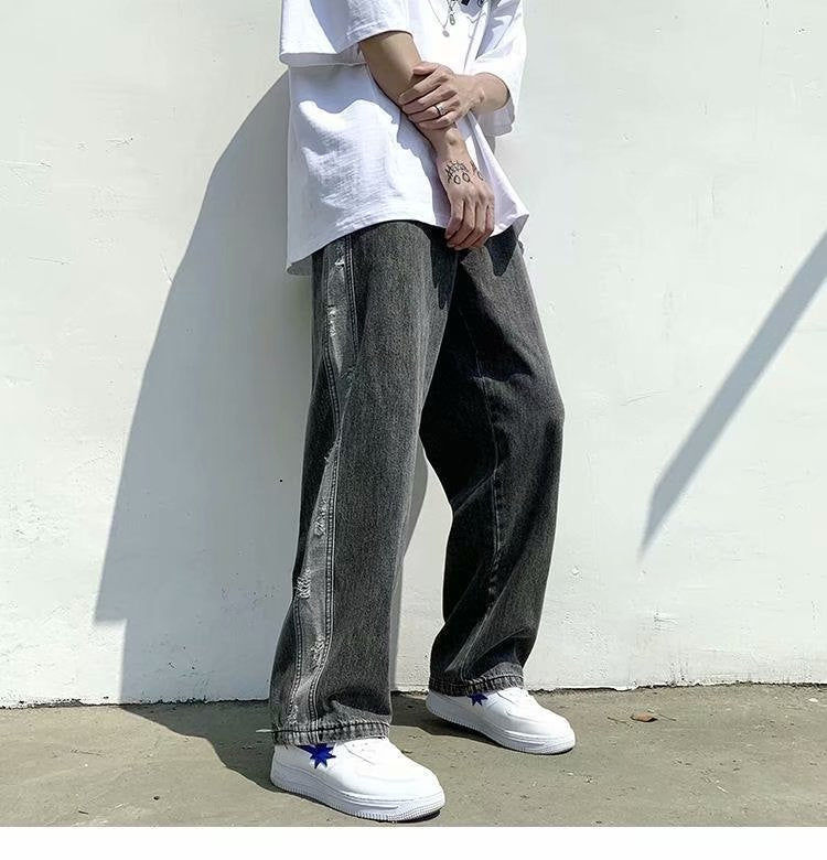 Men Jeans Ripped Jeans Summer Baggy Straight Trousers Wide Leg Trousers