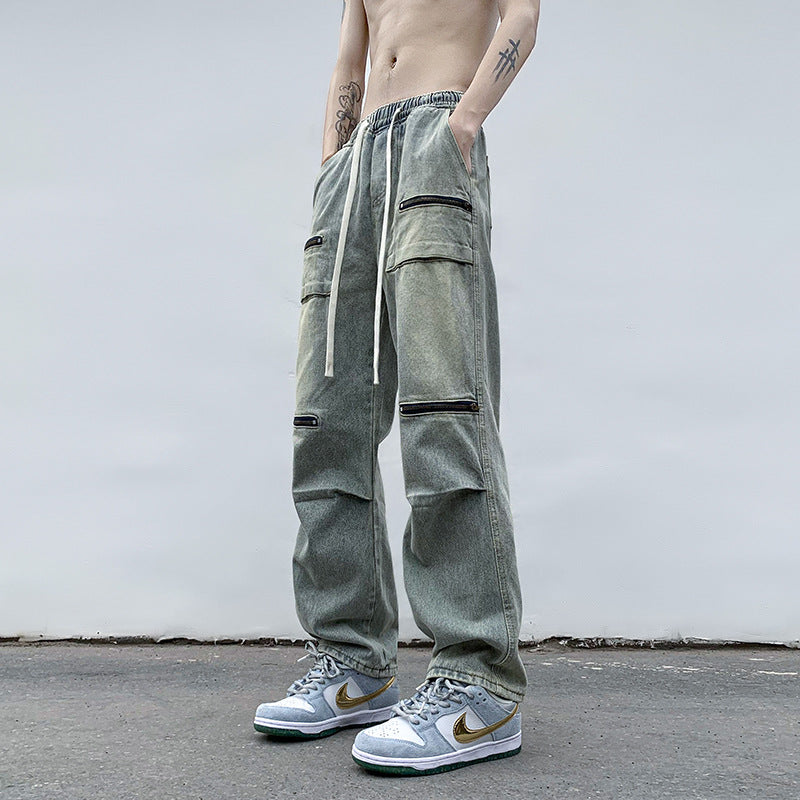 Men Jeans Cargo Jeans Spring and Autumn Zipper Wide Leg Trousers