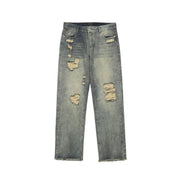 Men Jeans Washed Distressed Ripped Jeans Hiphop Loose Straight Trousers