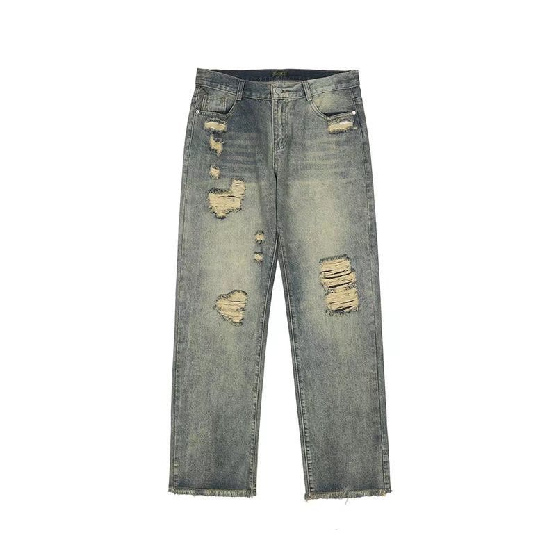 Men Jeans Washed Distressed Ripped Jeans Hiphop Loose Straight Trousers