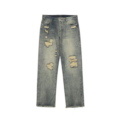 Men Jeans Washed Distressed Ripped Jeans Hiphop Loose Straight Trousers