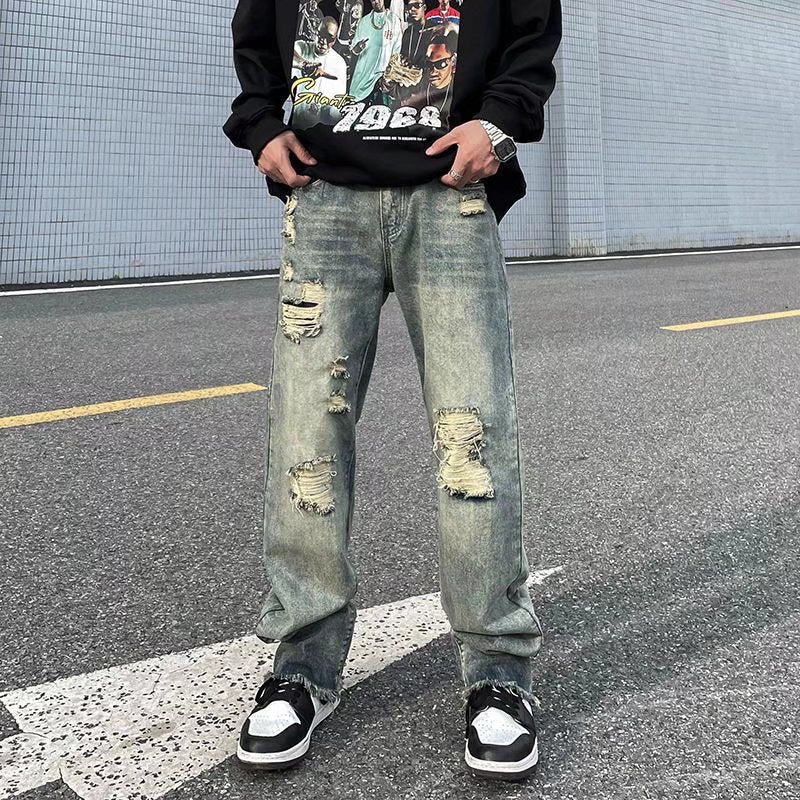 Men Jeans Washed Distressed Ripped Jeans Hiphop Loose Straight Trousers