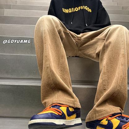 Men Jeans Autumn and Winter Washed Old Loose Straight Cargo Pants