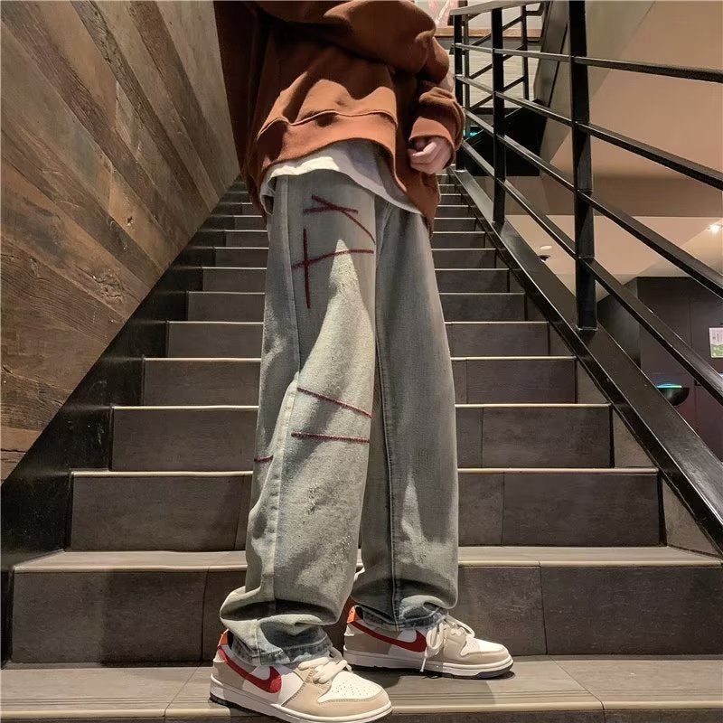 Men Jeans Retro Straight Loose Casual Trousers